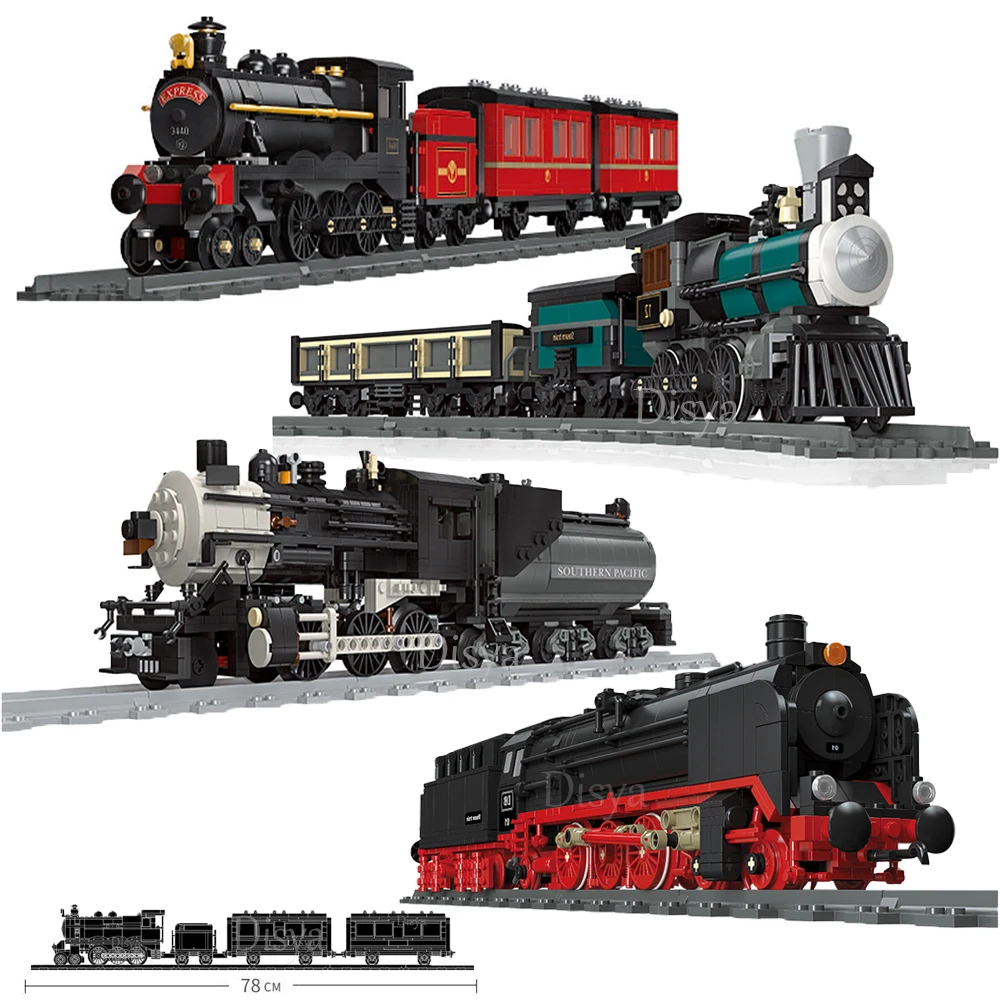 

NEW Railway Classic Steam Locomotive Train Railways Railroad Track Kits Building Blocks Simulation Model Bricks Kids Toy Gift