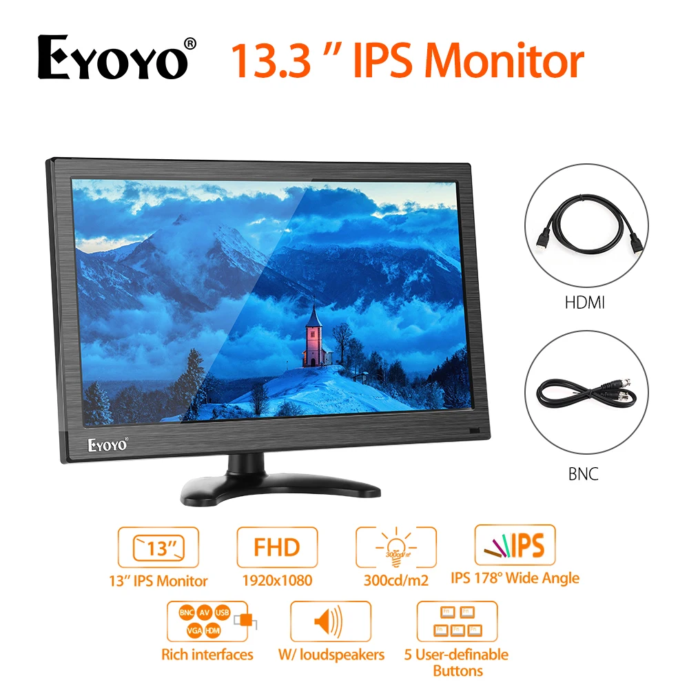 

13.3'' HDMI Monitor IPS Display For PC CCTV Home security camera 1080p AV/VGA/BNC/USB HDMI port remote control screen bracket