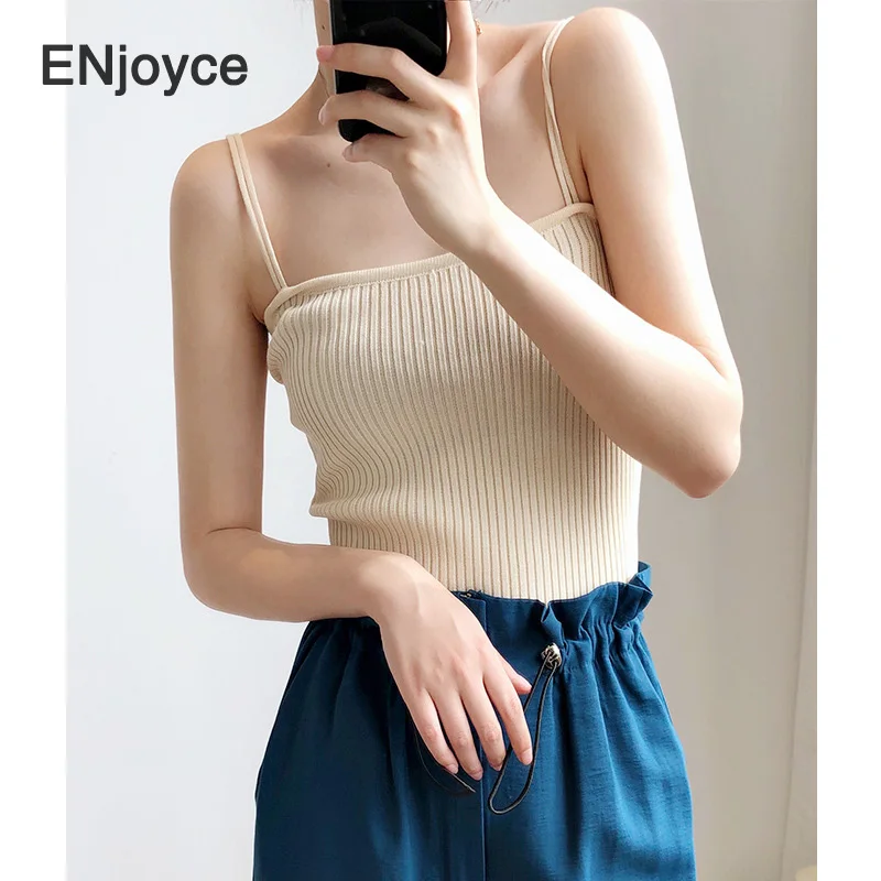 

Spring Summer Women Basic Simple Double Strap Knitted Vest Ladies Slim Stripes Knitwear Sling Tank Top Female Camis Tops