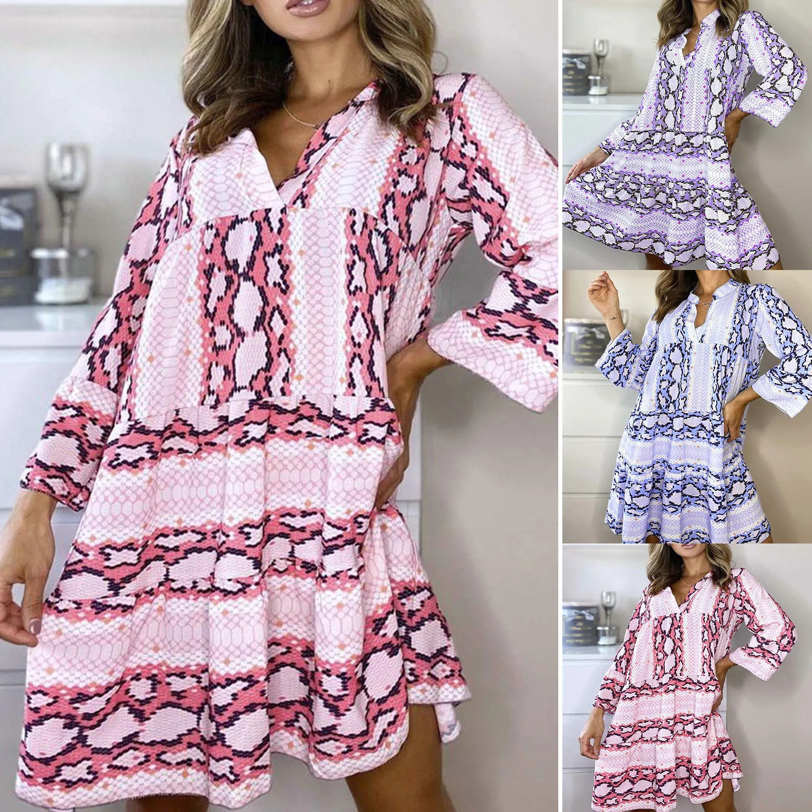 

2022 Fashion Women Casual Leopard Striped Print Summer Dresses Sexy V-Neck Flared Sleeve Shirt Dress Beach Sundress Holiday