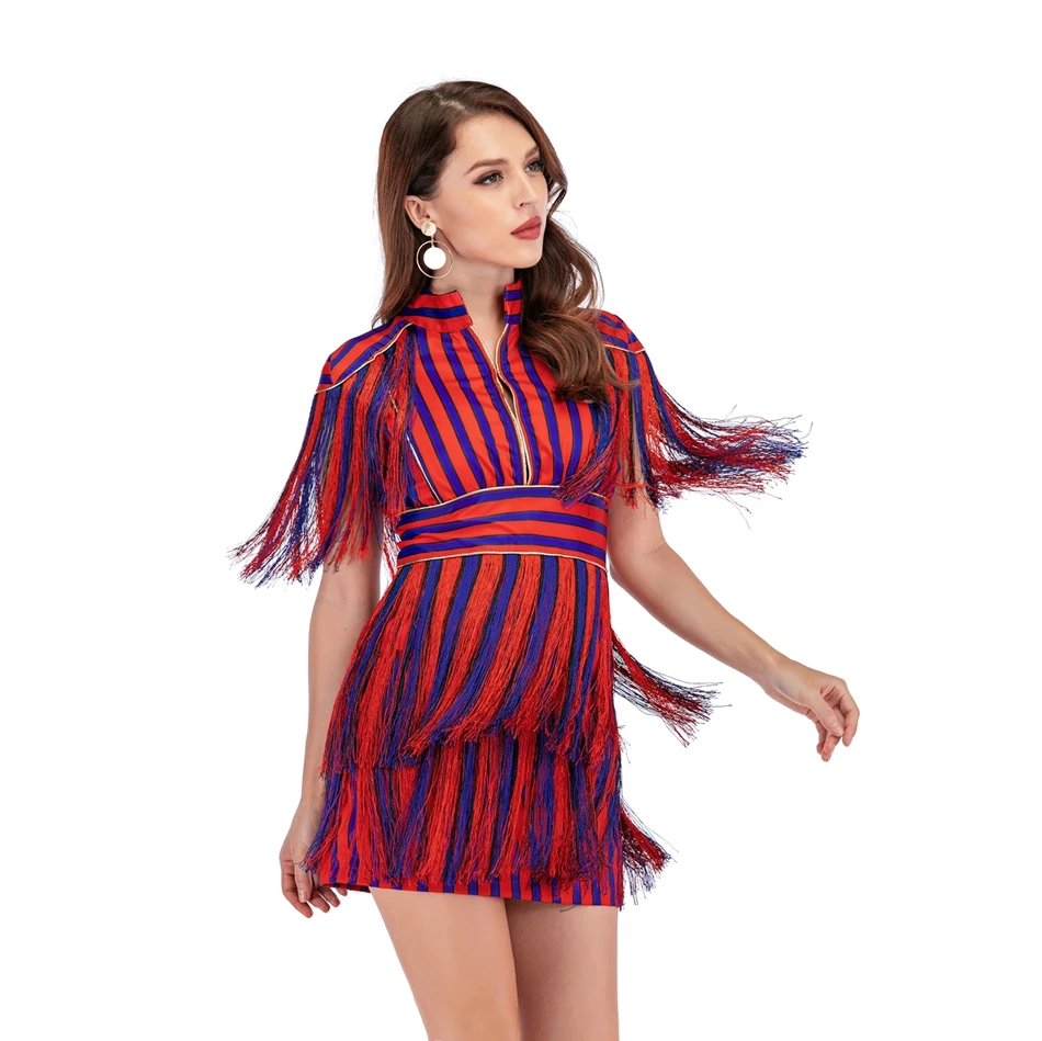 Женское короткое платье с бахромой соблазнительное разноцветное облегающее