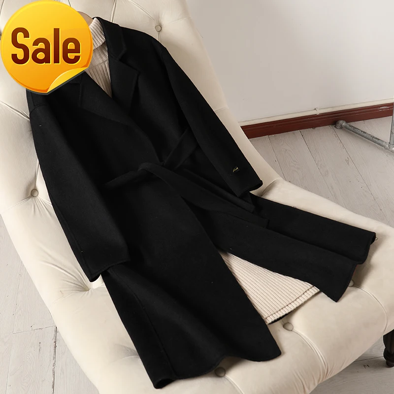 

Длинное кашемировое пальто, женское, 2020, двустороннее, облегающее пальто из 100% шерсти, однотонное, с поясом, в Корейском стиле