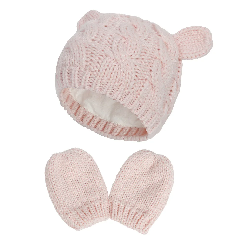 2020 New Style Baby Knit Hat Autumn Winter Warm Hat Gloves Set Childrens Cute Small Ear Shape Men Women Infant Toddler Cap 3Pcs