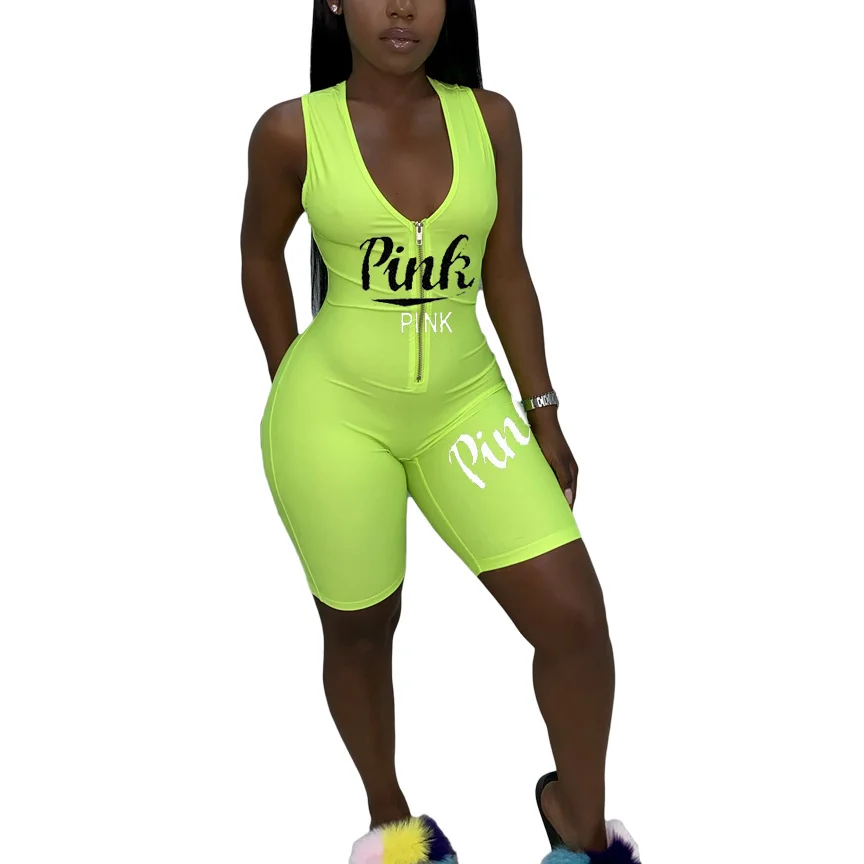 

2020 Pink Summer Women Pink Letter Printed Playsuits Jumpsuits V-Neck Street Rompers Zippered Sexy Night Club Party Bandage
