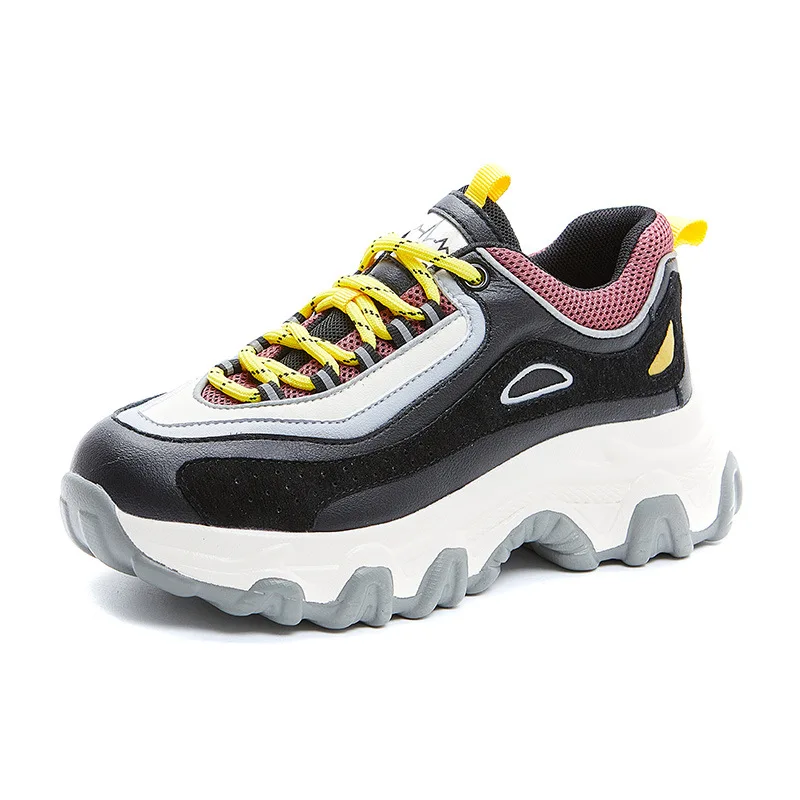 

Fall Winter Plush Lining New Cow Leather Round toe Sneakers Thick Bottown Increas lace-up Daddy shoes Scarpe Casual For Women