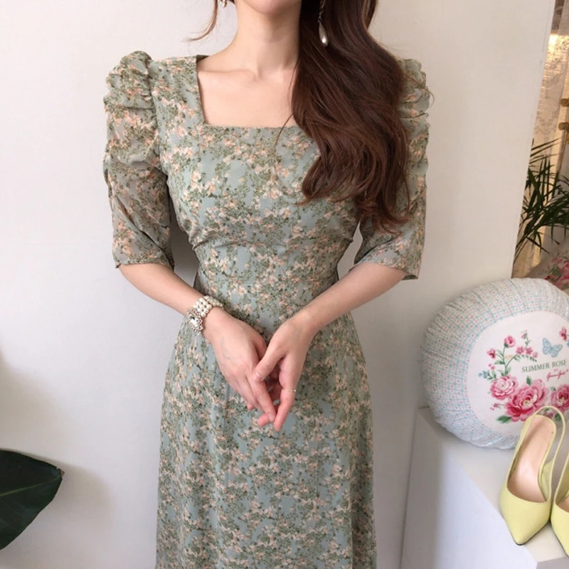 

Korean One-Piece Women'S Dress Chiffon Floral Dress 2021 Summer Square Neck Pleated Puff Sleeve Elegant Office Lady Dresses y2k