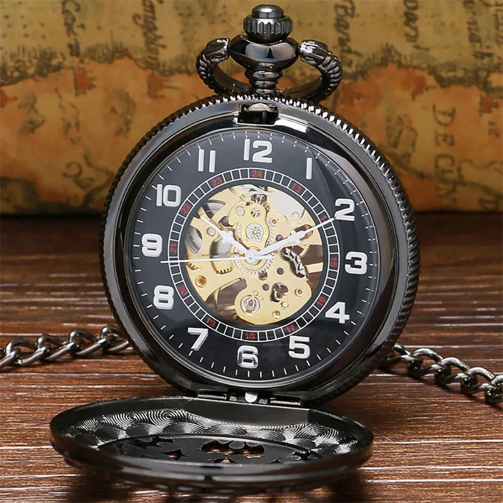 Retro Black Case With Golden DAD Design Mechanical Hand Wind Pocket Watch With Chain Best Gift To Dad/Father