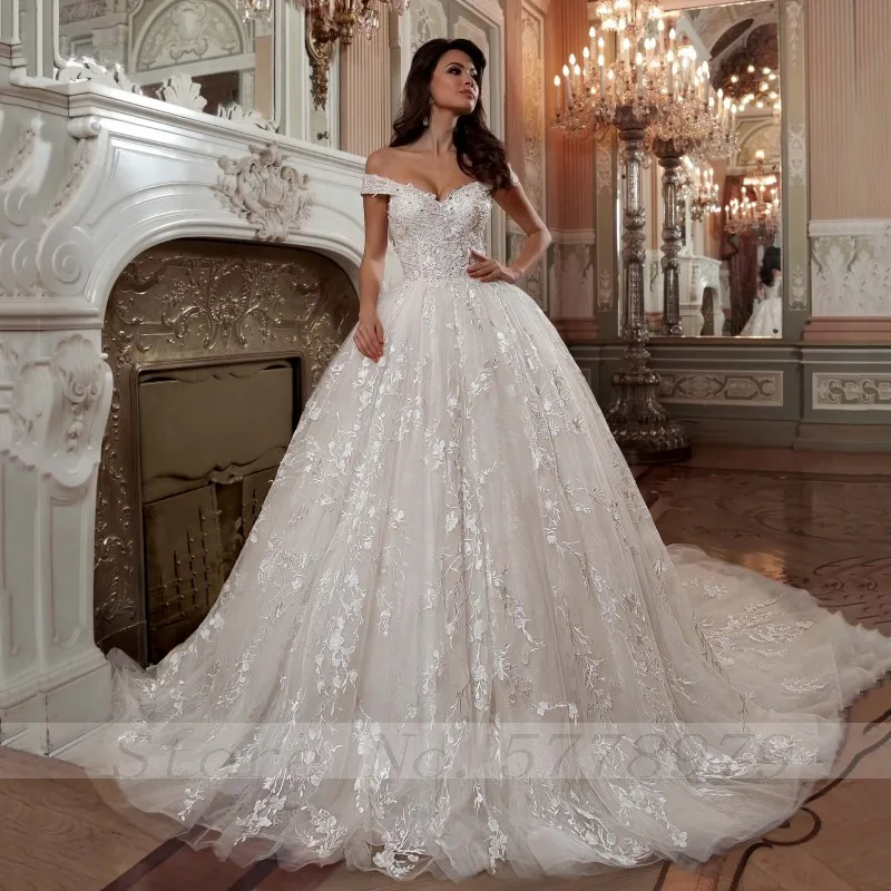 

Thinyfull Luxury Off The Shoulder Wedding Dresses Sweetheart A Line Bride Dresses Tulle Lace Appliques Vestidos de novia 2020