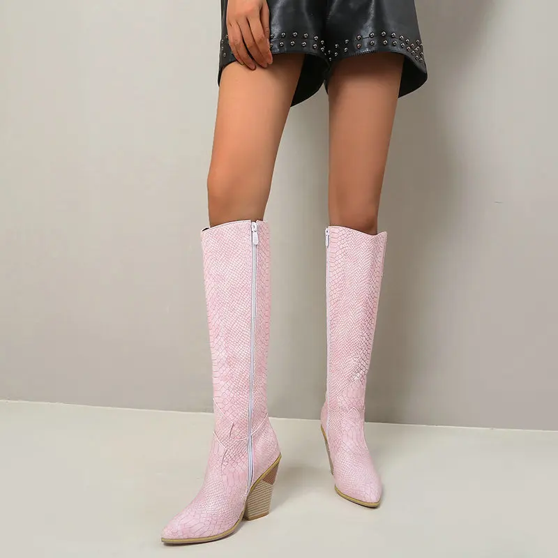 

2021 New Winter Keep Warm Knee High Boots Pointed Toe Square Heel Women Shoes Snakeskin PU Leather Ladies Boots Size 34-43