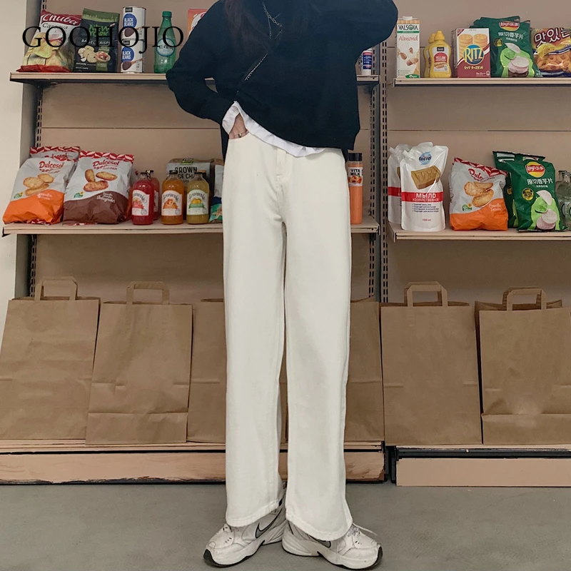 

GOOHOJIO 2021 New Spring and Autumn Solid Color Chic Jeans Women High Waist Wide Leg Pants for Women Straight Cowboy Trousers