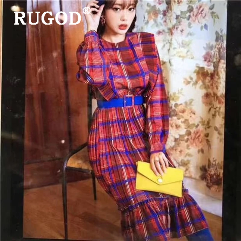 RUGOD корейское весеннее Новое клетчатое платье Женская мода круглый вырез офисное