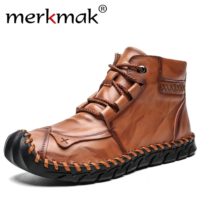 Merkmak/высокое качество сезон осень зима мужские кожаные ботинки теплые плюшевые