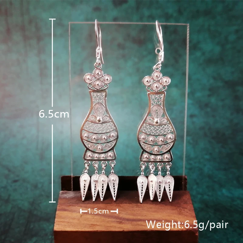 Серьги из стерлингового серебра 999 пробы, женские серьги с кисточками, винтажная ваза в богемном стиле, этнические ювелирные изделия ручной работы в стиле бохо