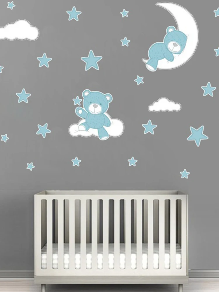 

Cute Moon Stars Bear Wall Stickers For Kids Baby Room Home Nursery Art Decorative Sticker Children Bedroom Decals Murals