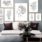 Картина в нордическом стиле, черно-белая, абстрактная, настенная, рисунок с цветами, красивая девушка, декор для комнаты, постер печать на холсте