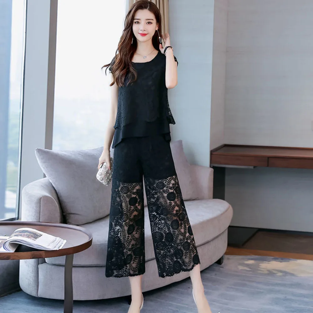 

Plus size 5XL Fashion lace sleeveless tops + wide-leg pants suit women 2021 summer new fashion Casual nine-point pants two-piece