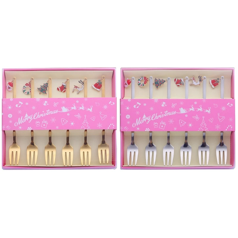 

6 Pcs Christmas Metal Tableware Main Meal Fork Fruit Dessert Fork Sets Christmas Decoration Table Decor Christmas Gift 2021