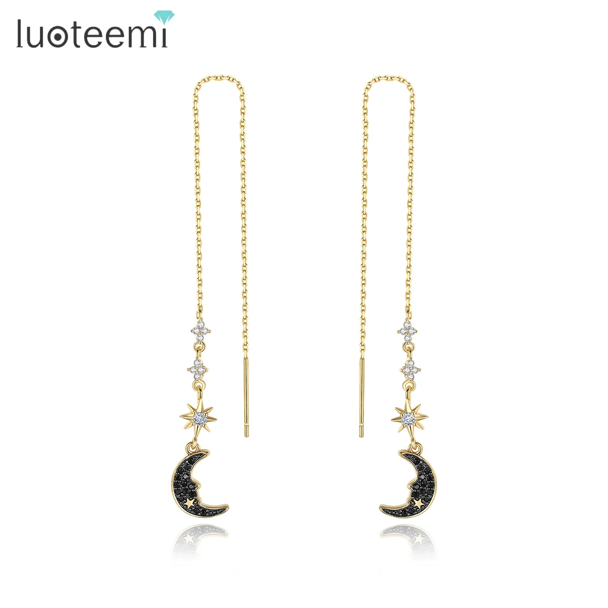 

LUOTEEMI Moon and Star Ear Line for Women Black Cubic Zirconia Pendant Earrings for Female Boucle Oreille Femme Friends Gifts