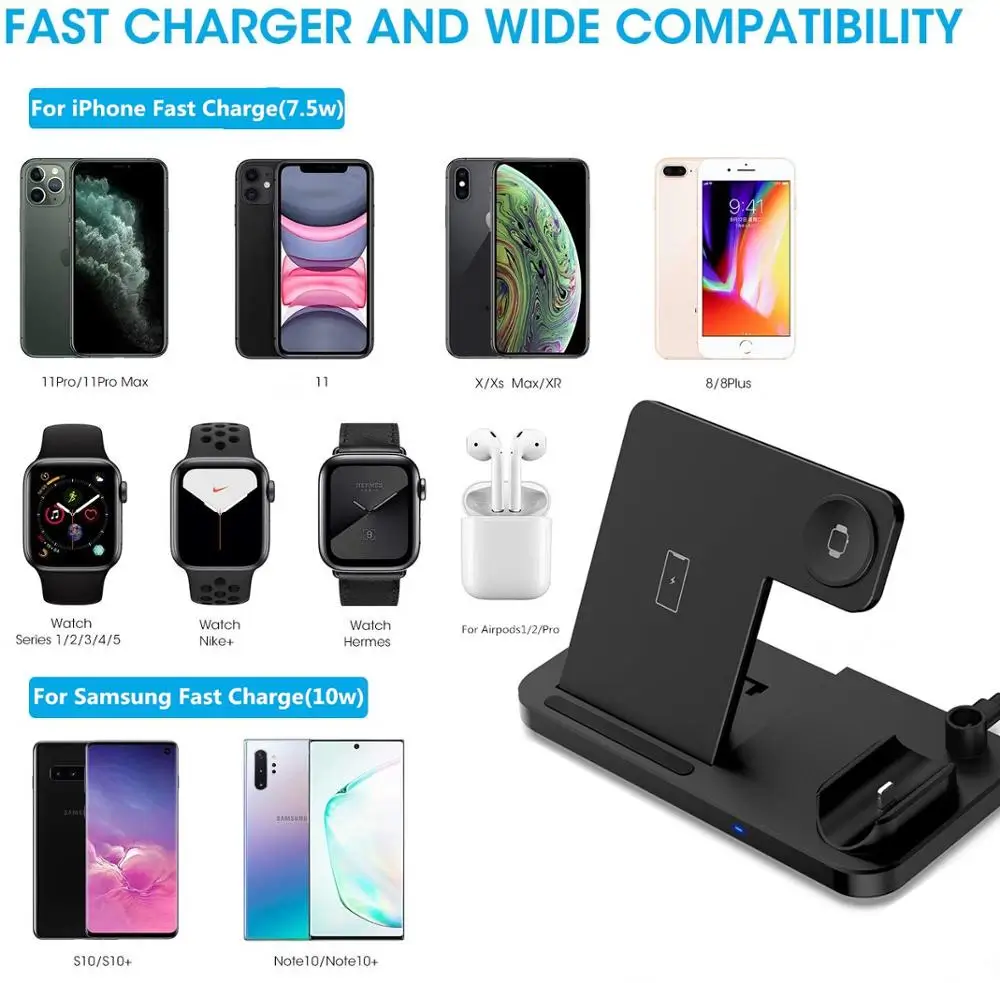 Беспроводное зарядное устройство 4 в 1 для Apple Watch 6 SE 5 10 Вт быстрая зарядка Airpods Pro