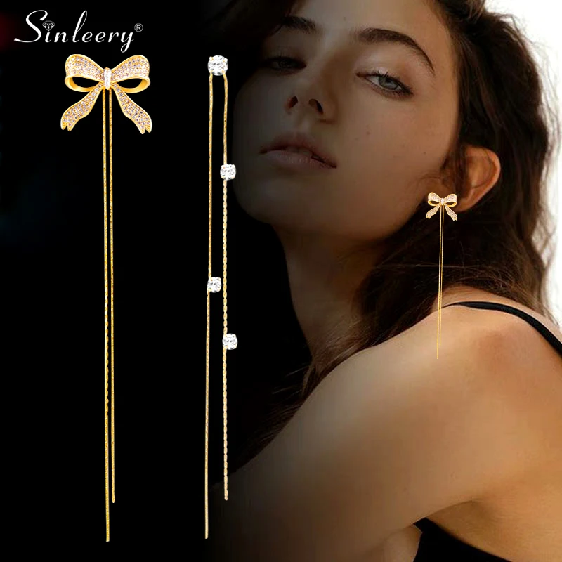 

SINLEERY asymmetrical jewelry Crystal Bowknot Long Tassels Earring For Women Gold Color Drop Earrings Fashion Jewelry ES563 SSP