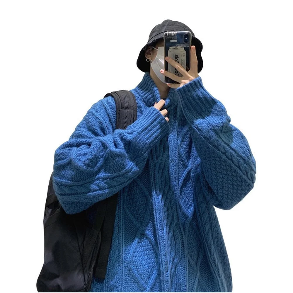 Свитер мужской оранжевый с высоким воротом вязаный в стиле Харадзюку | Мужская