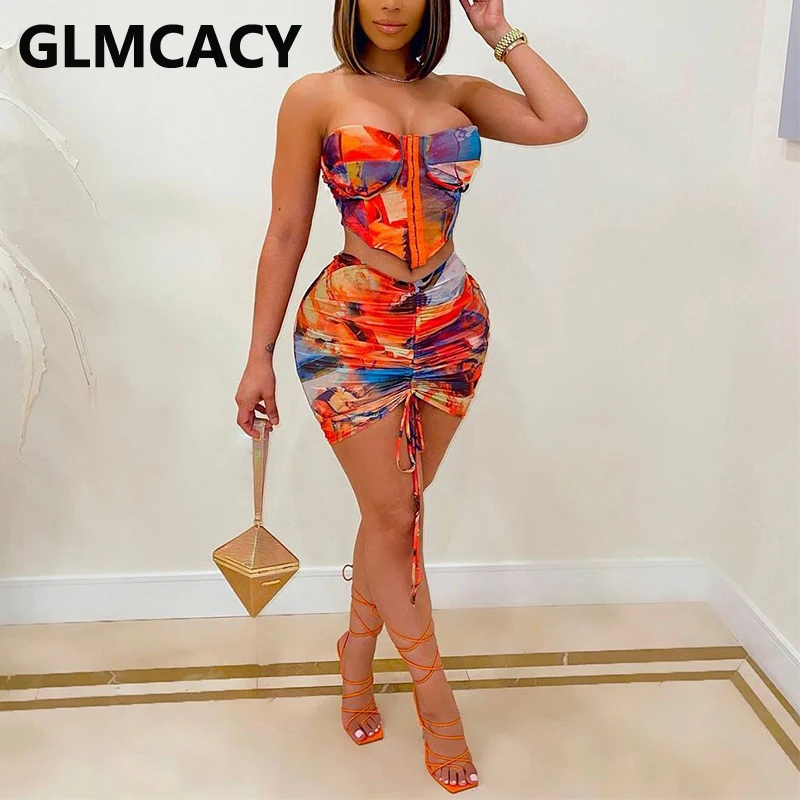 

Two Piece Summer Boho Beach Suits Tube Top & Bodycon Skirt Set