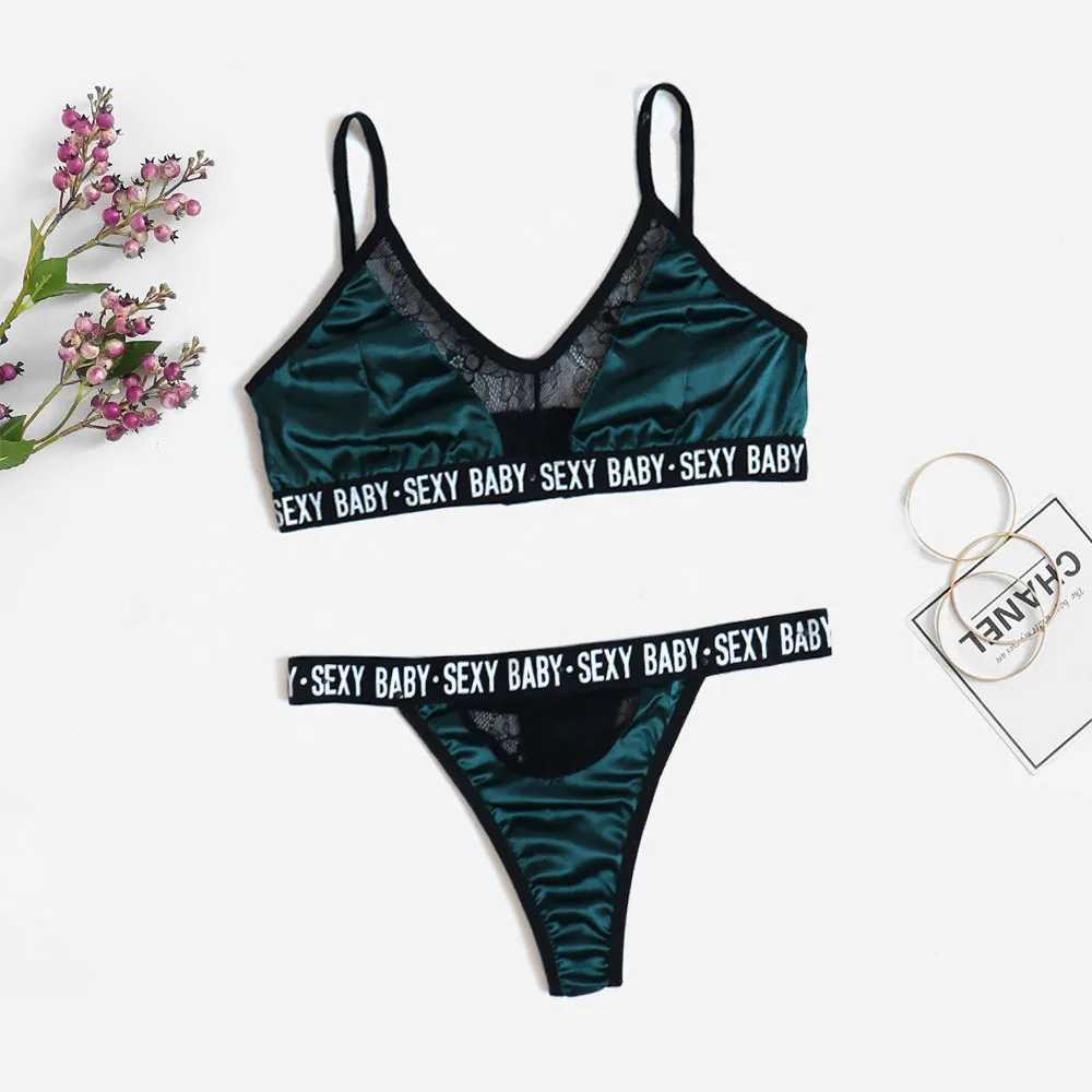 

2021 New Forged Face Lace Bra and Thong Set Multi-color Hollow Out Letter Sexy Lingerie Set For Women Erotic Underwear