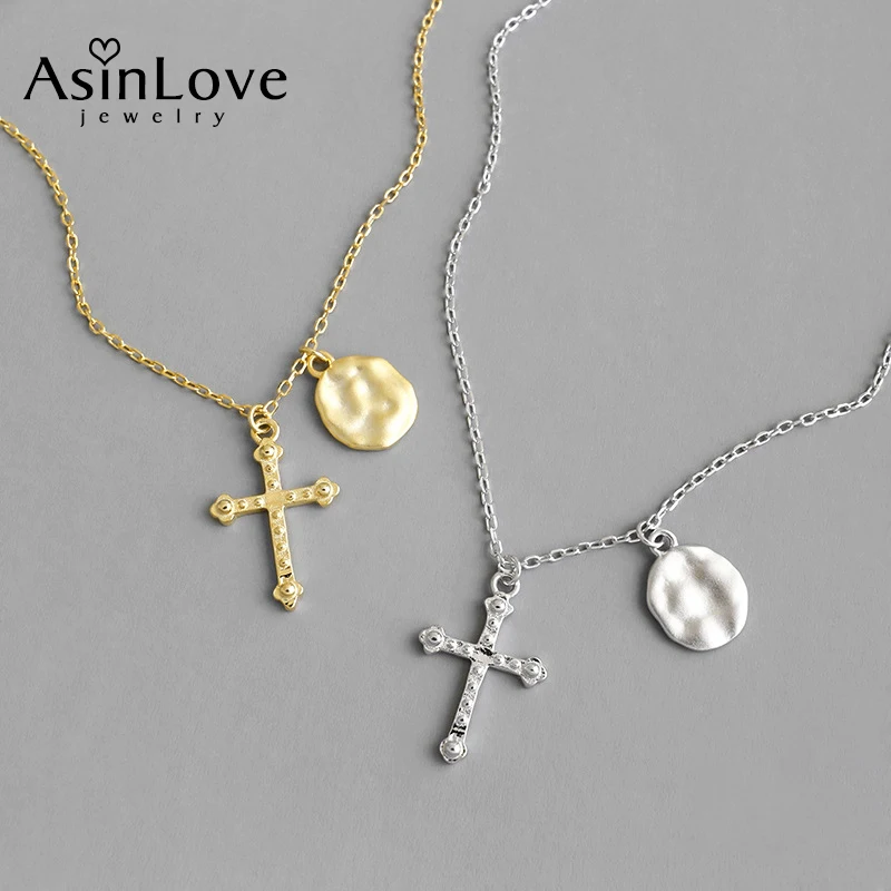 

AsinLove Unique Real 925 Sterling Silver Cross Geometric Concave-convex Hammered Pendant Necklace for Women Personality Jewelry