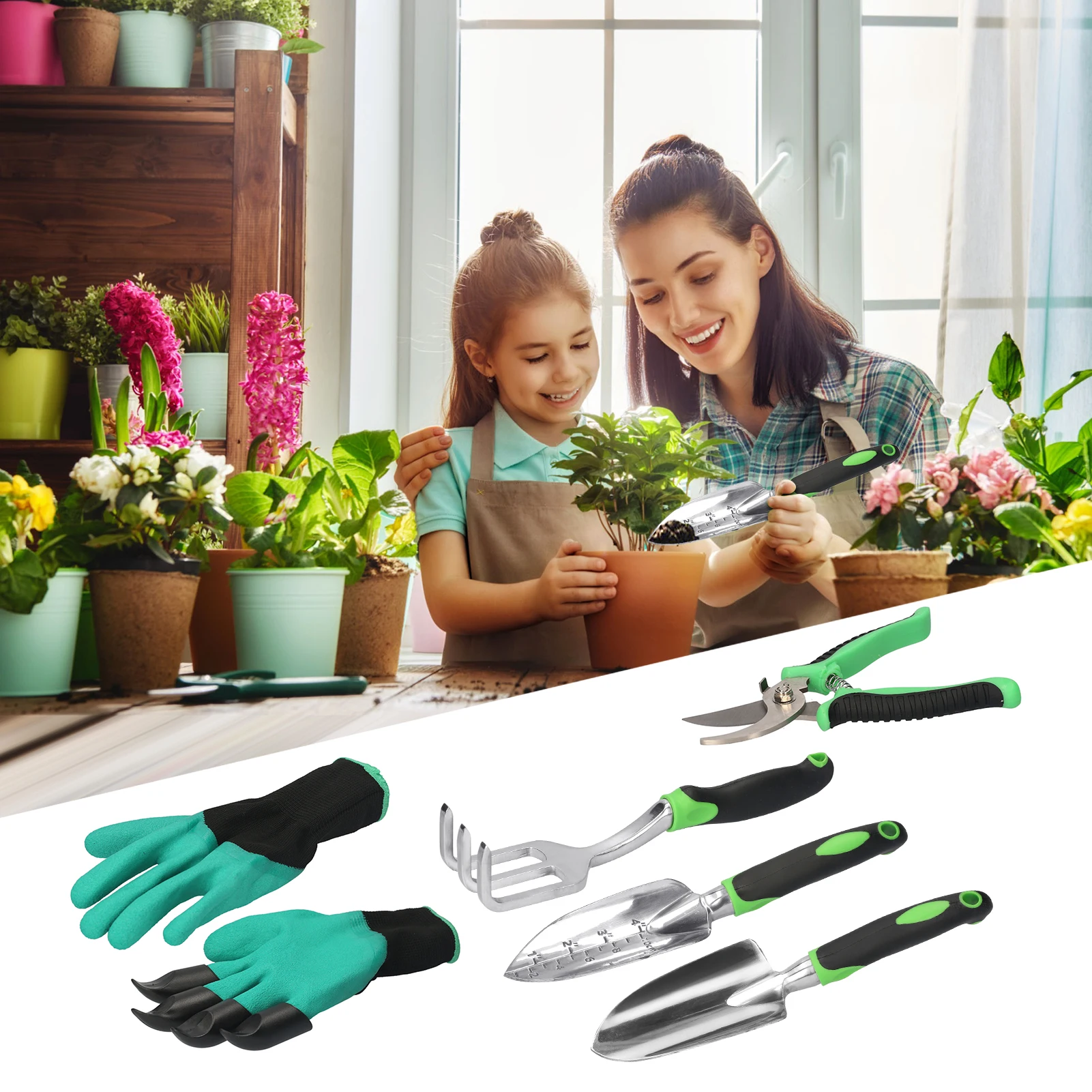 

5 PCS/Set Gardening Tool Set Non-Slip Handle Garden Tools Metal Garden Gadget Contains Gloves Trowel Shovel Pruning Shear Rake