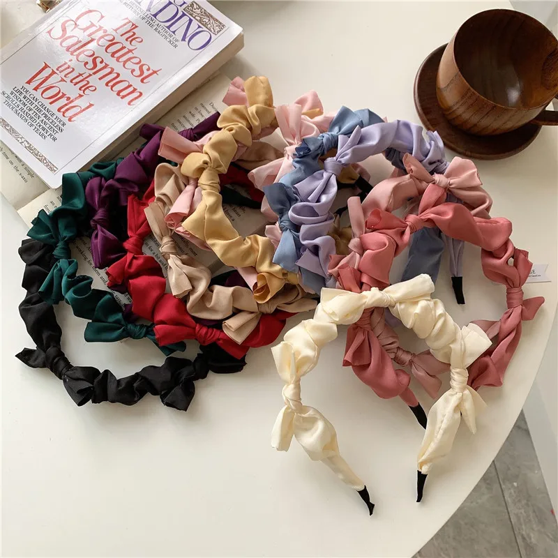 

Ободок для волос женский с маленьким бантом, модный однотонный аксессуар на голову, винтажная широкая лента для волос для девушек