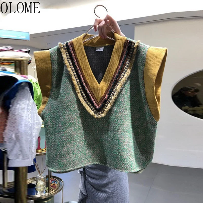 

OLOME Knitting Sweater Vest Women Sleeveless Duffle V-neck Vest Short 2021 Women's Sweater Vests Spring Korean Fashion Waistcoat