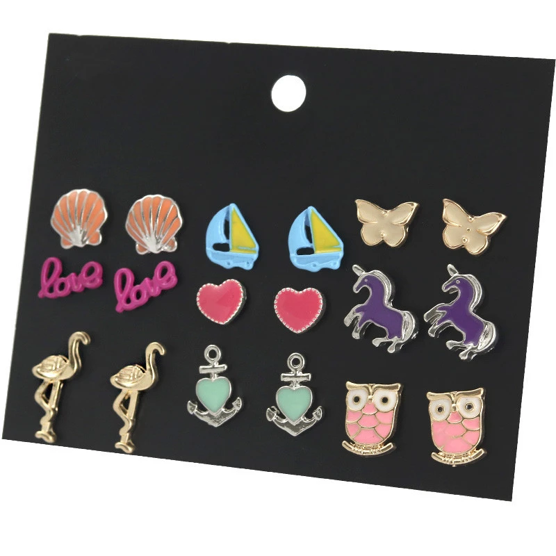 

Luokey Mini Cute Cartoon Earrings Set For Girls Colorful Butterfly Owl Heart Anchor Stud Earrings Women Fashion New Jewelry 2020