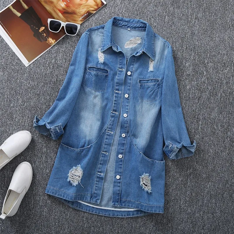 Hole Ripped Letter Print Long Sleeve Womens Denim Shirts Korean Spring Autumn Medium Length Plus Size Casual Streetwear | Женская одежда