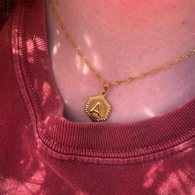 

A-Z Initial Necklace For Women Goth Hexagon Engraved Letter Necklace Stainless Steel Chain Choker Necklaces Boho Jewelry BFF