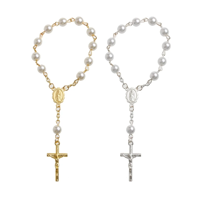 MXME Baby Pearl Baptism Communion Gift Catholic Cross Finger Chain Mini Rosary Gold Silver Cross Rosary Bracelet for Women