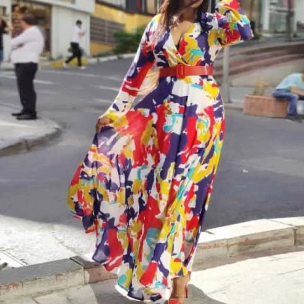 

Women Dress A Line Floral Print Women Colorful Oversized Spring Long Sleeve Female Holiday High Waist Maxi Plus Size Dresses