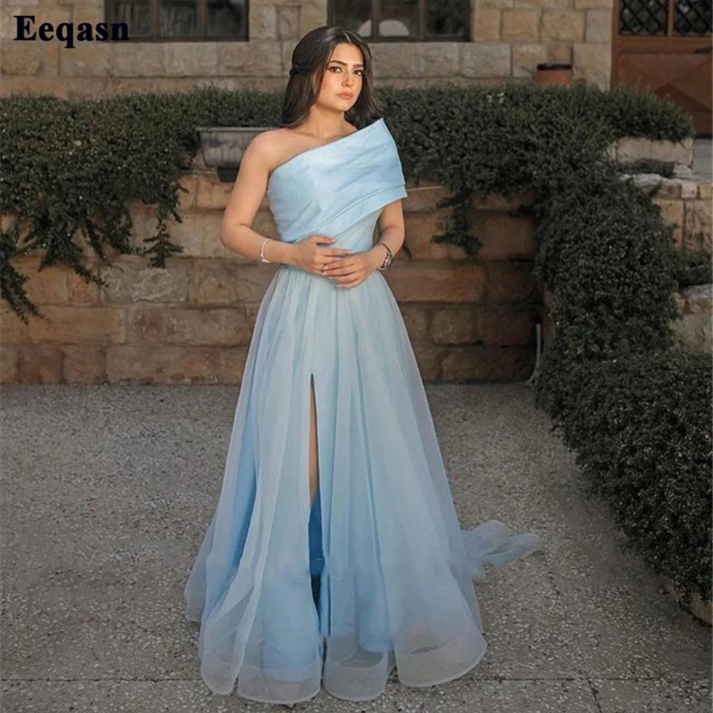 

Eeqasn Sky Blue Organza Long Women Dresses For Bridesmaid One Shoulder Wedding Guest Gowns Slit Prom Gown Formal Occasion Dress