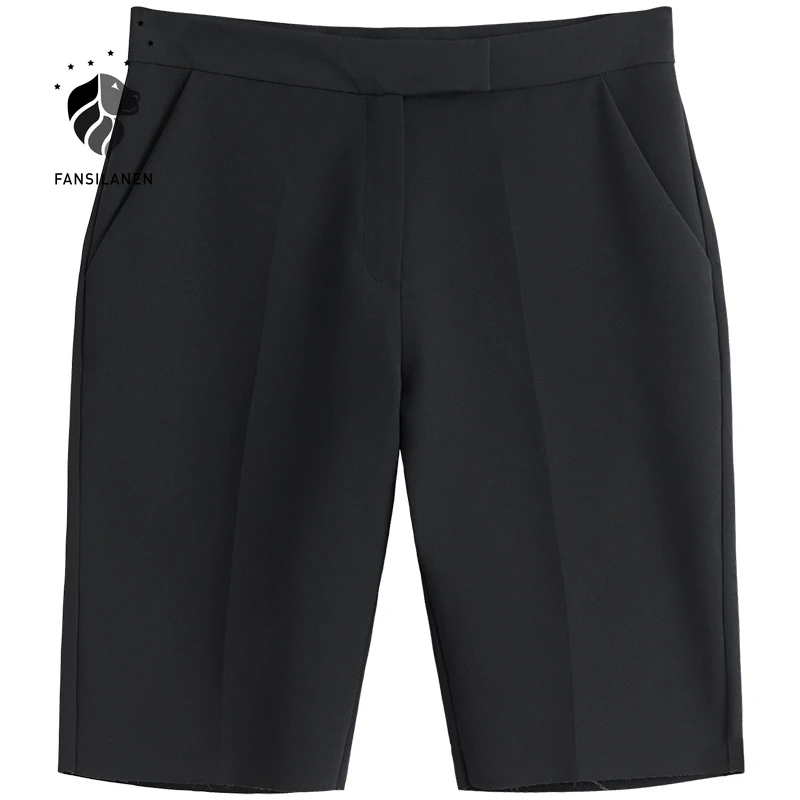 

FANSILANEN Knee length black casual pants capri Women streetwear white high waist suit pants Female fringe elegant trousers 2021