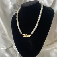personalized pearl necklace custom name necklaces for women pearl chain choker pendant stainless steel nameplate christmas gift