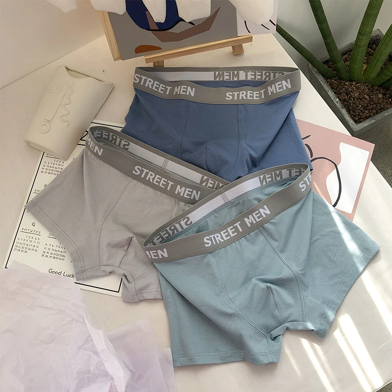 3 Pieces Men Panties Breathable Men Underwear Boxer Cotton Summer Mid-waist Men Boxer Shorts Solid Color Underpants 2020 New