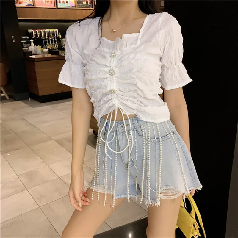 

Однотонный Белый Летний укороченный топ, Женский Повседневный праздничный топ на шнуровке с круглым вырезом, шикарные топы с коротким рука...