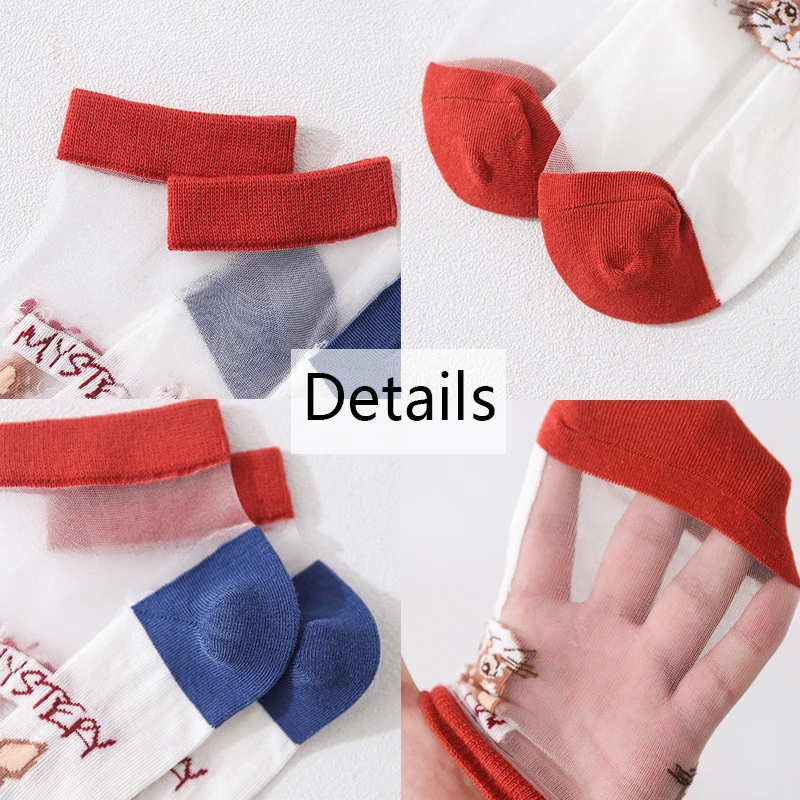 

FINETOO 5 Pairs Women Socks Summer Colorful Ankle Socks Splice Thin Socks Solid Cute Animal Socks Korean Style Transparent Sock