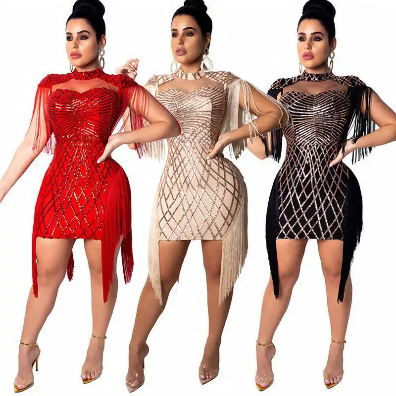 2021 Women's Clothing With Free Shipping Mesh Sequins Bodycon Birthday For Women Sexy Evening Night Club Party Dresses Vestido