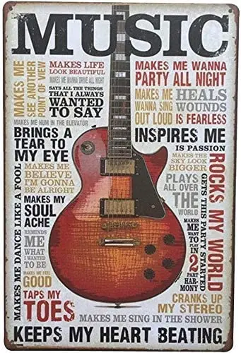 

LANK Music Retro Vintage Tin Sign Guitar Music Metal Signs Living Room Bar Pubs Wall Decor 12x 8 Inches