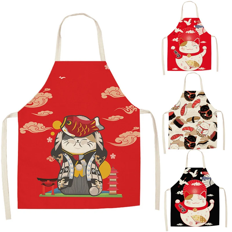 

Lucky Cat Apron Kitchen Aprons for Women Cotton Linen Bibs Household Cleaning Pinafore Home Cooking Apron DH07