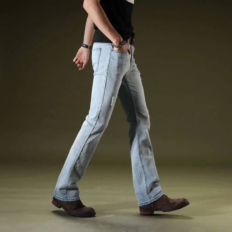 Mens Business Casual Flare Jeans Boot Cut Long Flared Jeans for Men Classic Vintage Slim Bootcut Denim Pants Black Blue