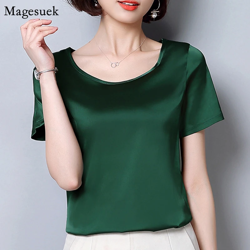 

New Summer Top Loose Women Shirts Blouses O-neck Silk Satin Solid Blouse Femme Short Sleeve Oversized Shirt Female Blusas 2126