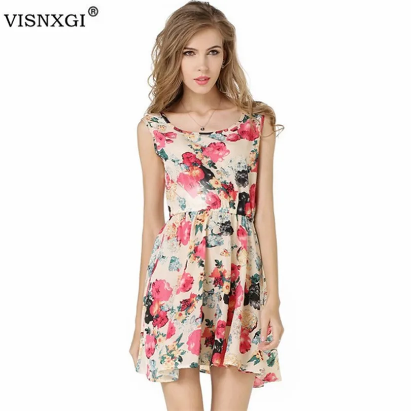 VISNXGI Women Summer Dress Boho Floral Print Chiffon Sleeveless O Neck Florals Pleated Party Clubwear Plus Size XXL|Женские платья| |