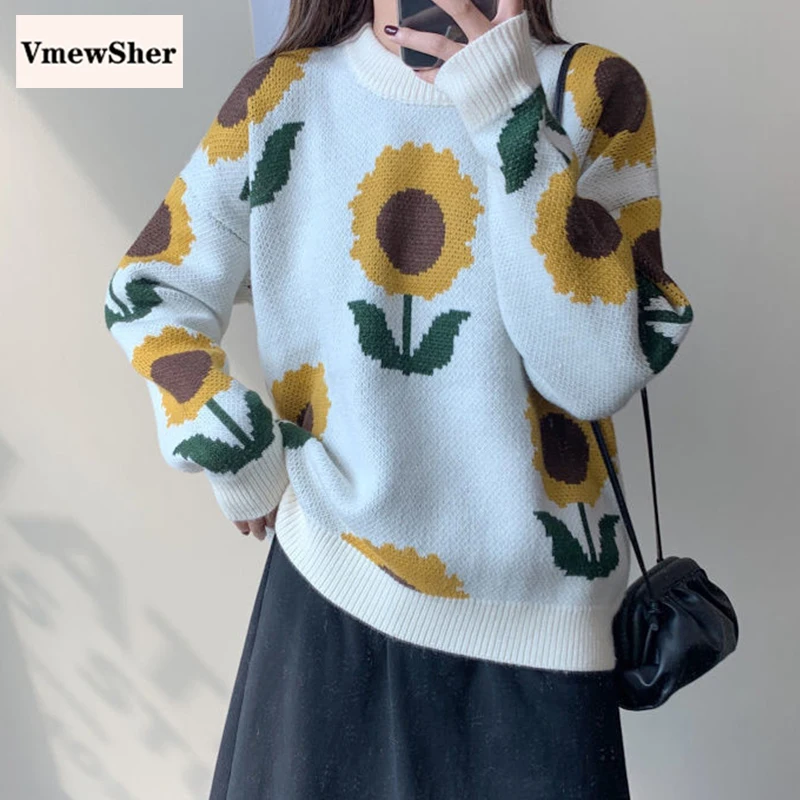 

VmewSher New Spring Sunflower Women Sweater Chic Long Sleeve O Neck Knit Pullover Sweet Autumn Fashion Flower Loose Jumper Tops