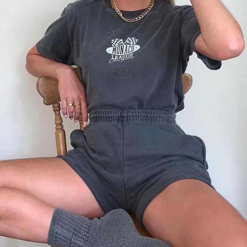 

Two Pieces Dark Gray Oversized T Shirts+Sweatpants Women Tracksuits Vintage Sport Niche Letter Print Summer Suit Sets Fashion